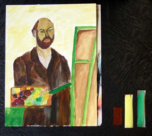 Anhand von 3 ausgewählten Farbstreifen eine Farbharmonie im Bild erarbeiten. Als Übungsbild diente uns Paul Cezanne. Die Vorlage war in Schwarz/Weiß.