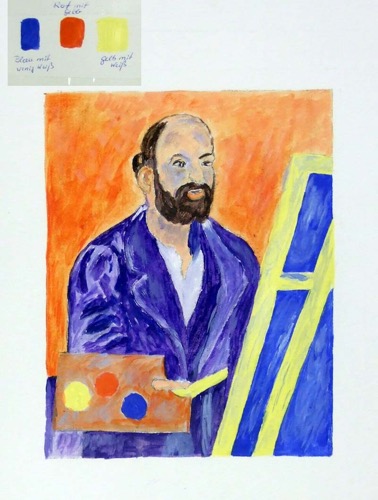 Anhand von 3 ausgewählten Farbstreifen eine Farbharmonie im Bild erarbeiten. Als Übungsbild diente uns Paul Cezanne. Die Vorlage war in Schwarz/Weiß.